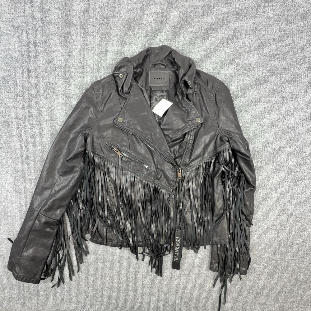 BLANKNYC Jacket Womens Small Black Faux Leather Fringe Moto Biker Zip Front